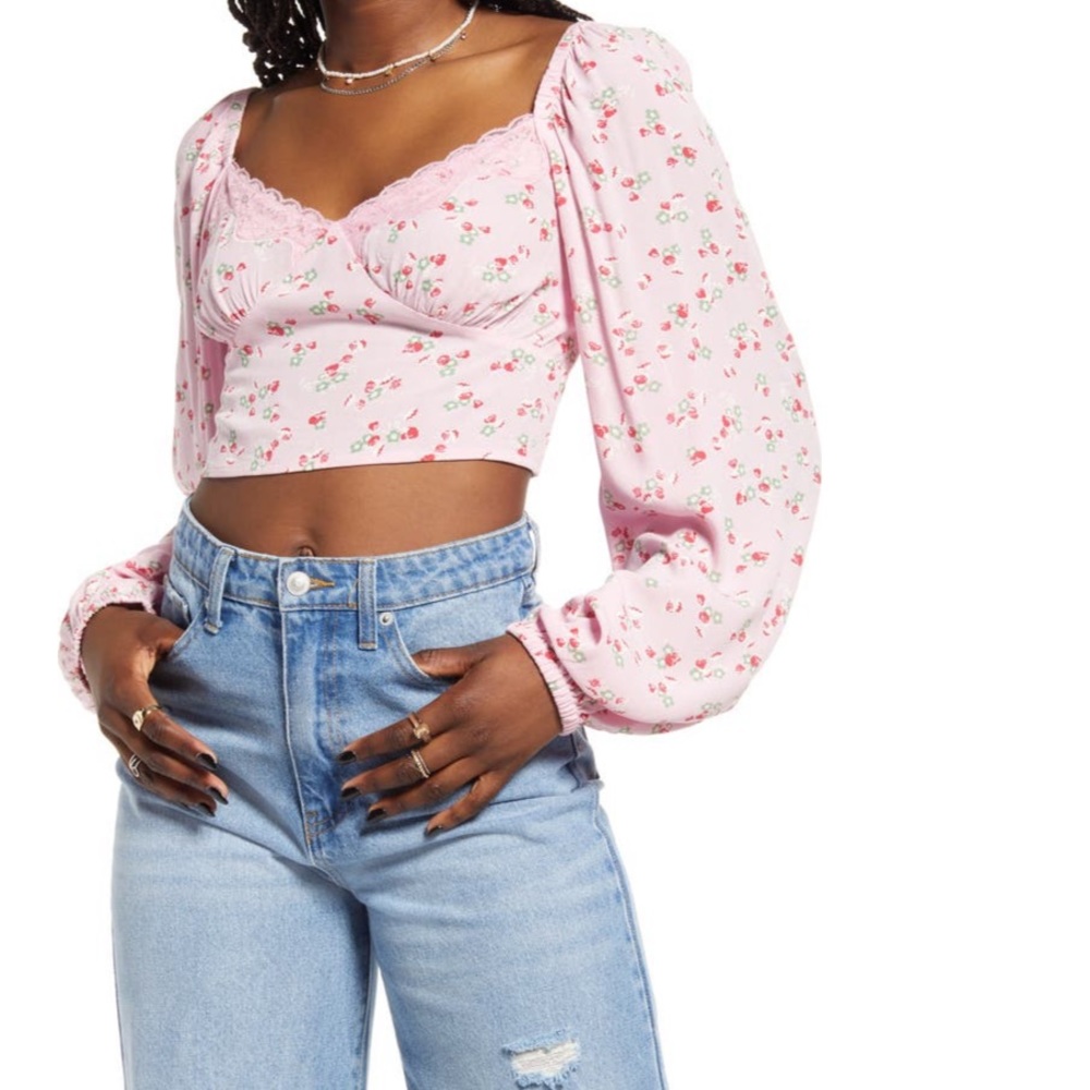 Pink Floral Cropped Long Sleeve Lace Trim Top